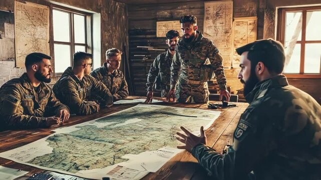 Military personnel discussing strategy over a large map.