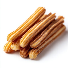 A pile of churros, golden-brown and crispy, dusted with cinnamon sugar,  stacked closely together against a bright white background.  