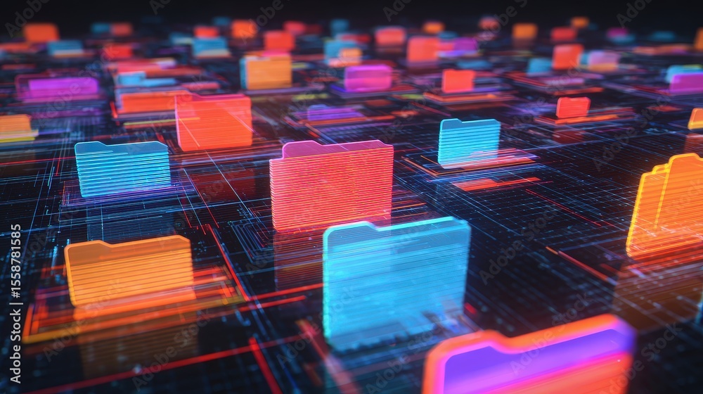 Poster abstract network grid with files and folders, futuristic software interface, digital document manage