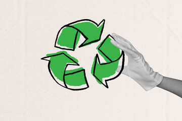 Banner sketch pop artwork collage of human hand wear glove show recycle arrow pointer symbol eco...