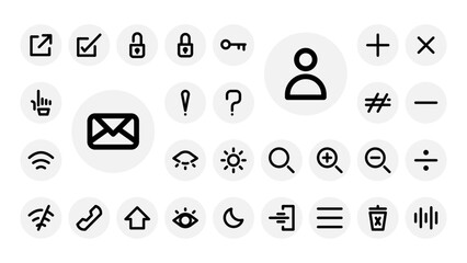 Minimal outline icon set for UI elements like navigation, brightness, security, search, math symbols, and general app functions.