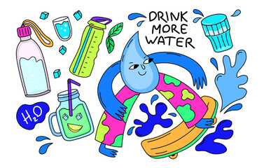 Vector illustration of fancy cartoon character and different water containers. Illustration of healthy lifestyle concept. Drink more water sign
