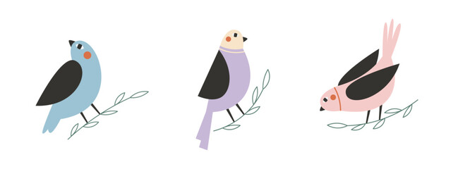Cute cartoon birds on branches – flat vector bird clipart set