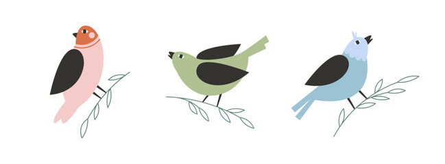 Colorful cartoon birds sitting on tree branches – flat vector clipart set