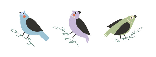 Cute cartoon birds clipart –  birds sitting on tree branches