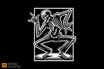 Skeleton dancing  dark horror art illustration design black and white backgroud templates