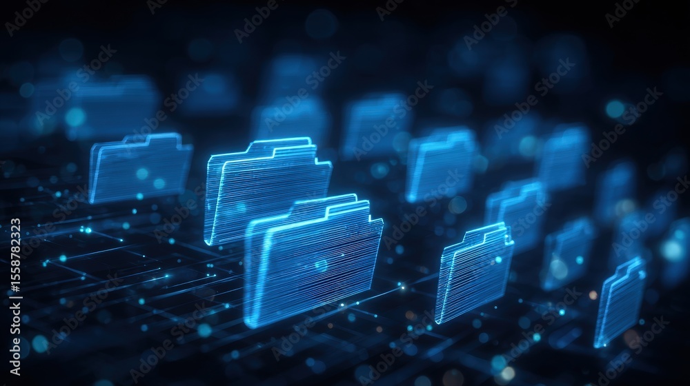 Poster abstract network grid with files and folders, futuristic software interface, digital document manage
