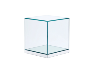 Minimalist Clear Glass Cube Display Case with Teal Edges.