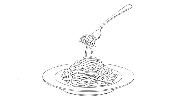 Minimalist line drawing of spaghetti on a plate with a fork pasta food