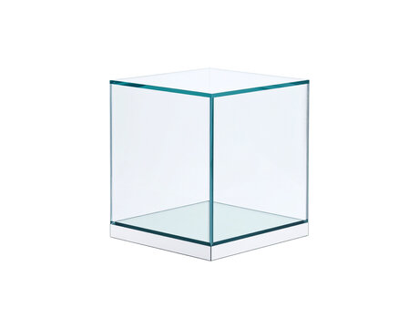 Minimalist Clear Glass Cube Display Case with Teal Edges.