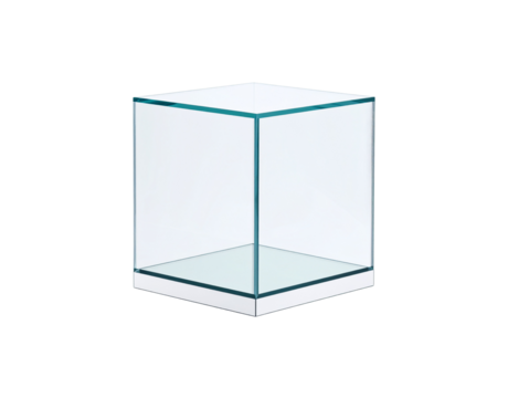 Minimalist Clear Glass Cube Display Case with Teal Edges.