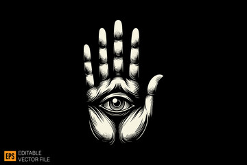 hand with eye tattoo dark horror art illustration design black and white backgroud templates