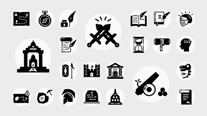 A bold solid icon collection illustrating history, archaeology, war relics, and ancient cultures. Ideal for apps, infographics, or learning tools.