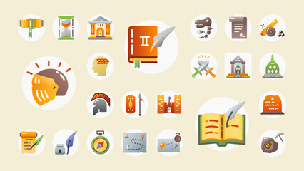 A detailed icon set featuring history, ancient artifacts, maps, and archaeology—ideal for education, museums, games, or cultural projects.