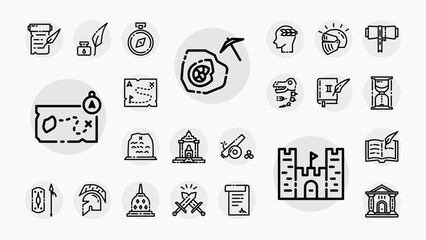 A clean line icon pack representing history, ancient cultures, exploration, and archaeology. Perfect for education, infographics, or historical games.