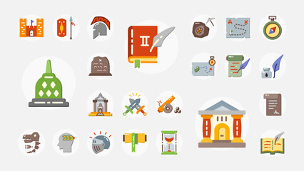 A colorful flat icon set about archaeology, historical objects, ancient maps, war tools, fossils, and old scripts. Great for education or museum use.