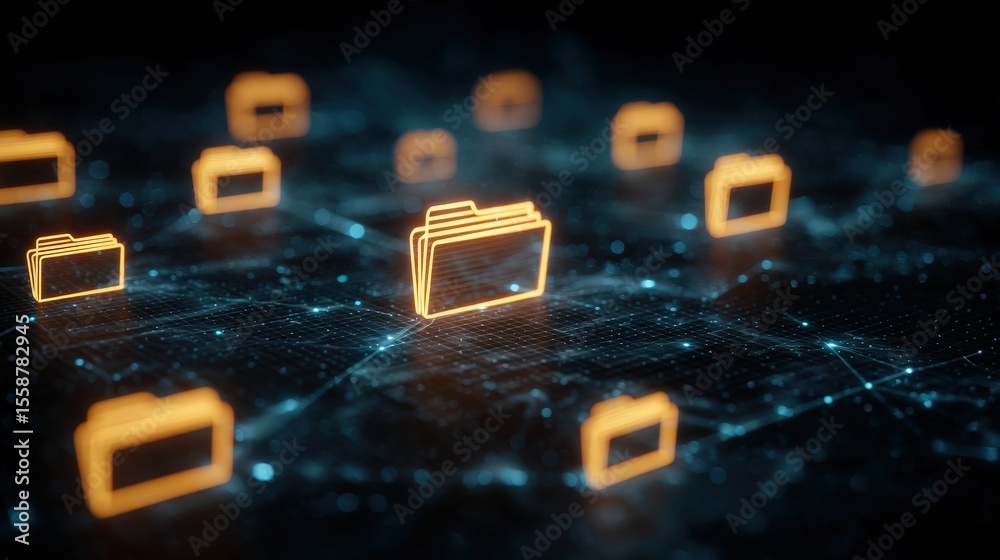 Poster abstract network grid with files and folders, futuristic software interface, digital document manage
