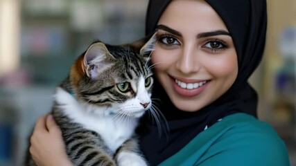 Woman smiles while holding her cat in a cozy environment with natural light during the day