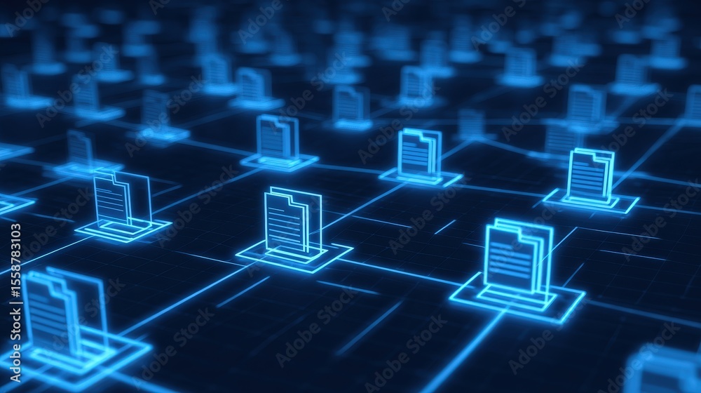 Poster abstract network grid with files and folders, futuristic software interface, digital document manage