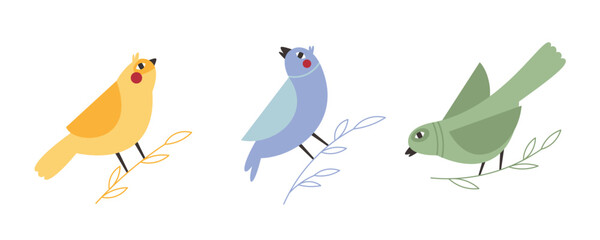 Colorful cartoon birds sitting on tree branches – flat vector clipart set