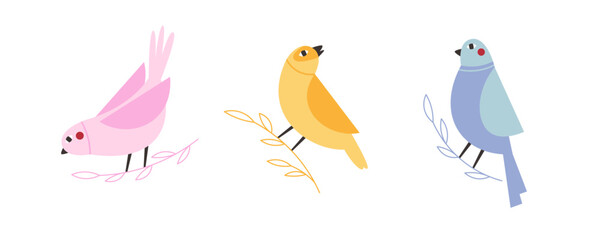 Cute cartoon birds clipart – pink, yellow and blue birds on branches