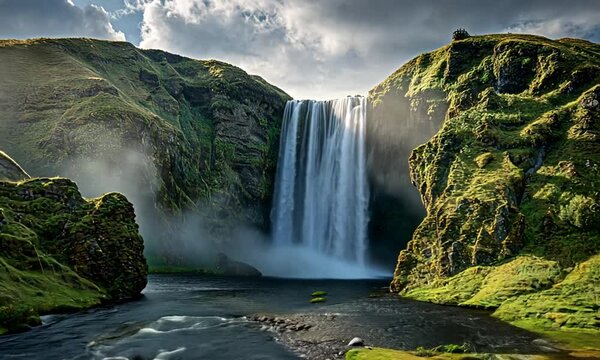 A powerful waterfall cascades between lush green hills, fed by a river. The sky is cloudy with patches of sunlight