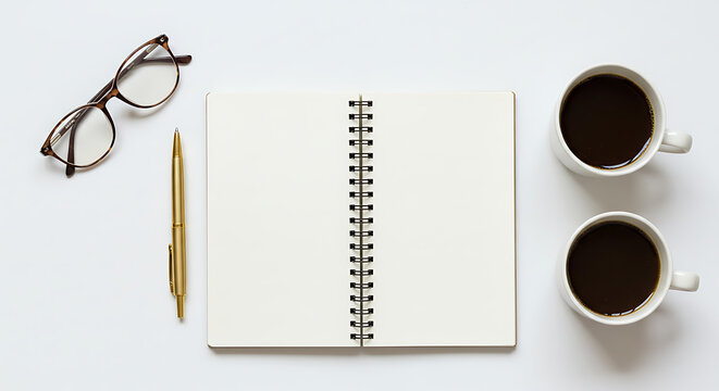 Open Spiral Notebook with Coffee Pen and Glasses on White Surface.