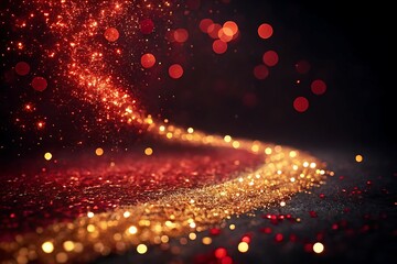 Red and Gold Glitter Pathway on Dark Background with Bokeh Lights