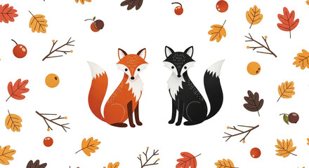 Autumn Foxes Cute Fall Illustration