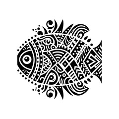 Simple tribal fish pattern in black, flat color, white background