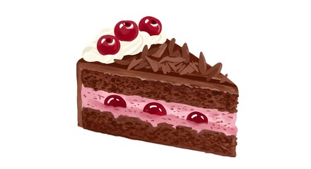Watercolor Illustration of Black Forest Cake Slice with Cherries