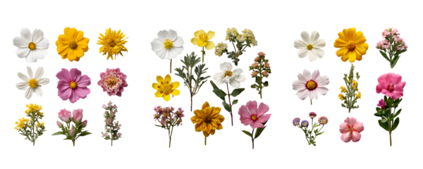A vibrant bouquet of yellow and red tulips and various spring flowers, including daisies and chrysanthemums, forming a beautiful floral border on Transparent Background