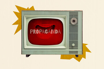 Composite 3d art pop image collage of angry mouth show grimace talk gossip fake news propaganda mass media television broadcast