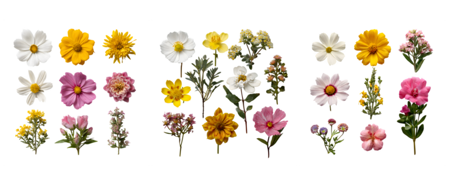 A vibrant bouquet of yellow and red tulips and various spring flowers, including daisies and chrysanthemums, forming a beautiful floral border on Transparent Background - Powered by Adobe