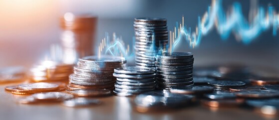 The stacks of coins reflecting financial growth and market trends.