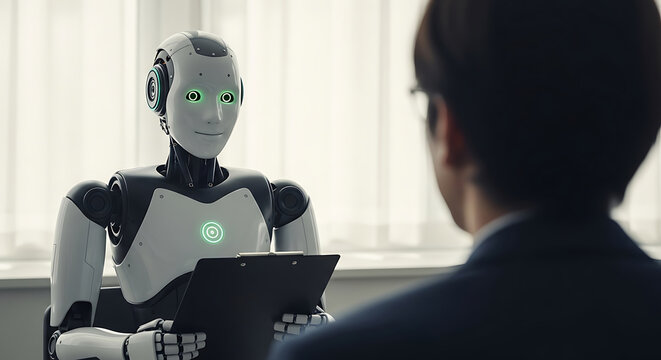 A futuristic humanoid robot conducting an interview with a person in an office setting