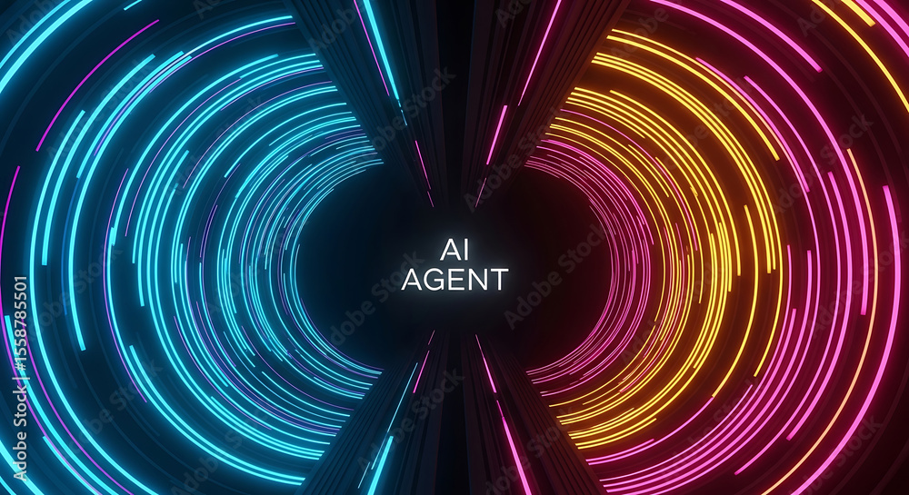 Poster abstract ai agent concept represented by futuristic neon illuminated circular data patterns