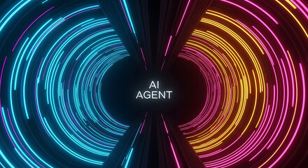 Abstract ai agent concept represented by futuristic neon illuminated circular data patterns