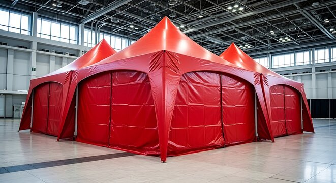 Striking red tent structure inside a modern exhibition hall showcasing event readiness