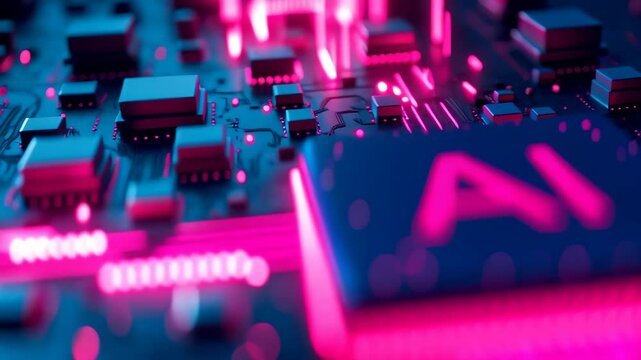 Computer chip with letters AI glowing neon color. Image is bright pink. Computer chip processor movement around