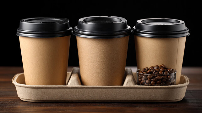 Coffee cups in a takeout tray with roasted beans on wooden table