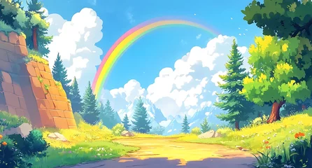 Cartoon rainbow background, cartoon forest road with green trees and yellow ground