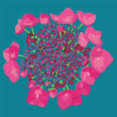 Abstract illustration of a hydrangea flower with vibrant pink petals and a detailed dotted center on a teal background, evoking a bold and artistic floral style.
