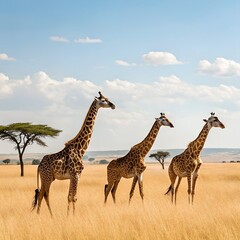 Fototapeta premium Three giraffes gracefully stroll across the golden savanna under a vibrant blue sky dotted with fluffy white clouds