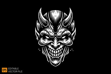 Obraz premium Devil head tattoo dark horror art illustration design black and white backgroud templates