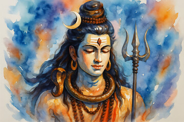 Majestic watercolor artwork of Lord Shiva with serene expression, crescent moon, snake, rudraksha beads, and damru, celebrating Maha Shivratri in divine elegance.