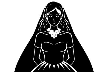 Silhouette Vector Art Illustration of Bride in Wedding Dress  Black and White