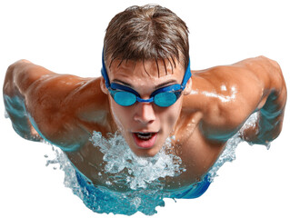 Soaring Through Water: Capturing the athletic prowess of a swimmer in mid-stroke, this image epitomizes the power and grace of water sports, embodying the dedication and strength of athletes.