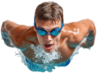 Soaring Through Water: Capturing the athletic prowess of a swimmer in mid-stroke, this image epitomizes the power and grace of water sports, embodying the dedication and strength of athletes.