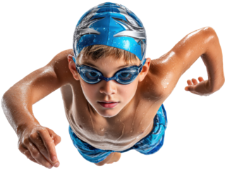 Young Swimmer Ascending: A focused young swimmer, equipped with swim cap and goggles, propels themself upward in water, capturing the energy and determination of aquatics.